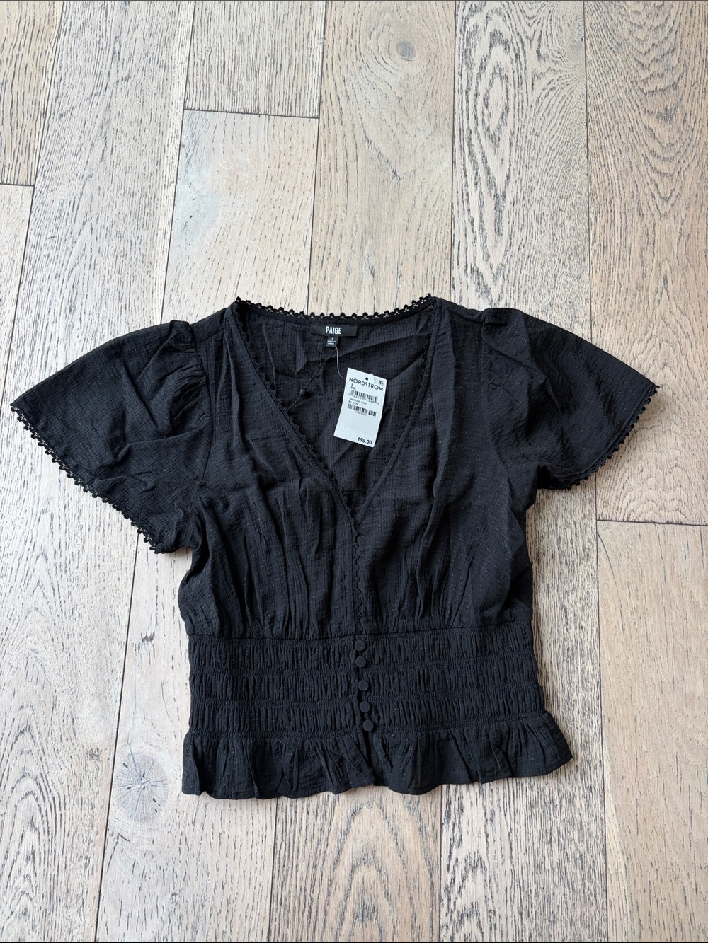 Paige Black V-Neck Short Sleeve Smocked Waist Blouse